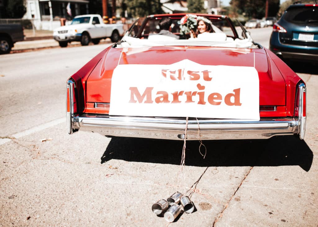 just married getaway red convertible 