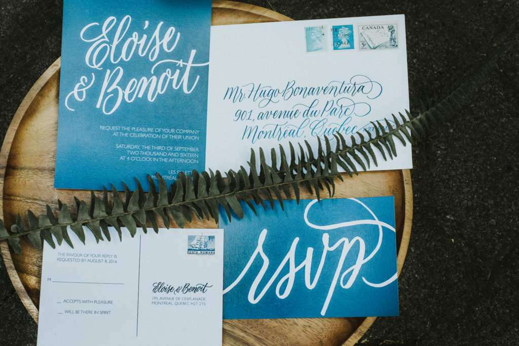 indigo and white invitation suite