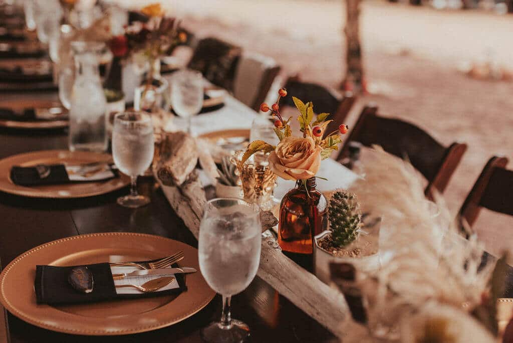 Wedding reception table with gold charger, black napkin, amber bud vases and dark flowers. Driftwood pieces on long wooden tables, pampass grass, king protea and cacti.