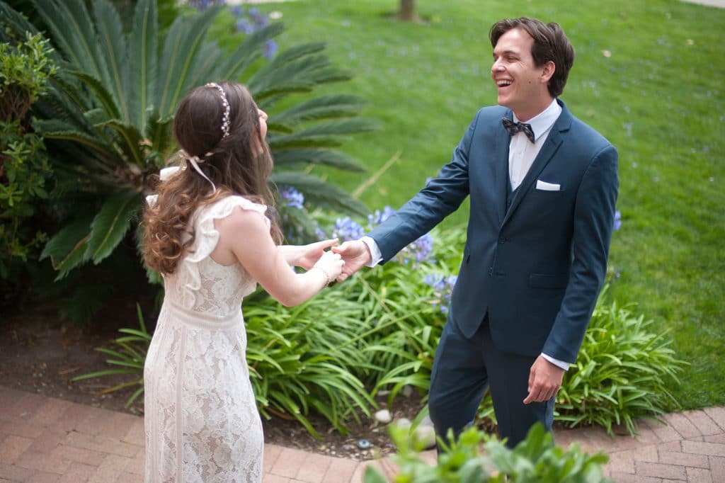 A bride and groom's first look at Terranea Resort in Palos Verdes